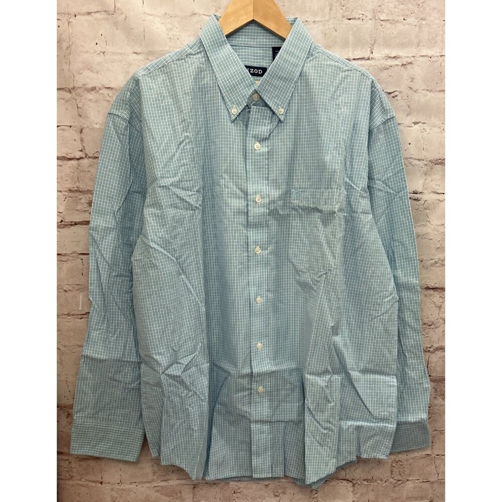 IZOD Shirt Mens XL Aqua Blue Plaid Long Sleeve Button Down 100% Cotton NEW